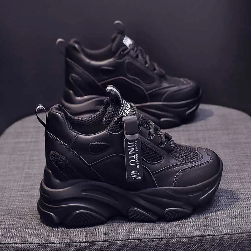 Women's black mesh platform casual shoes with hollow-out design and a TPR sole.