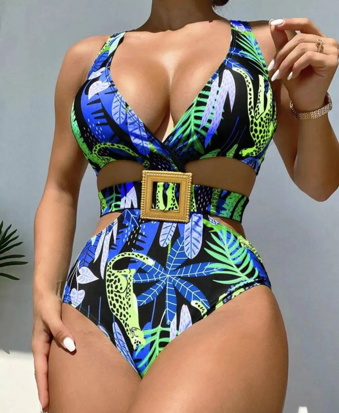 Women's one-piece high waist strap printed polyester fibre swimsuit in Colour 1, size M