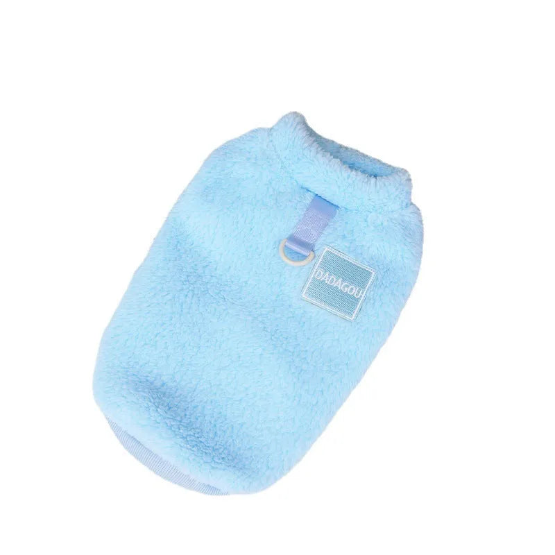 Coral fleece pet dog jacket with multi-colour pull rings in blue.