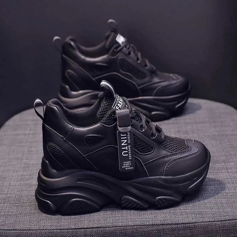 Women's black mesh platform casual shoes with hollow-out design and a TPR sole.