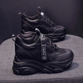 Women's black mesh platform casual shoes with hollow-out design and a TPR sole.