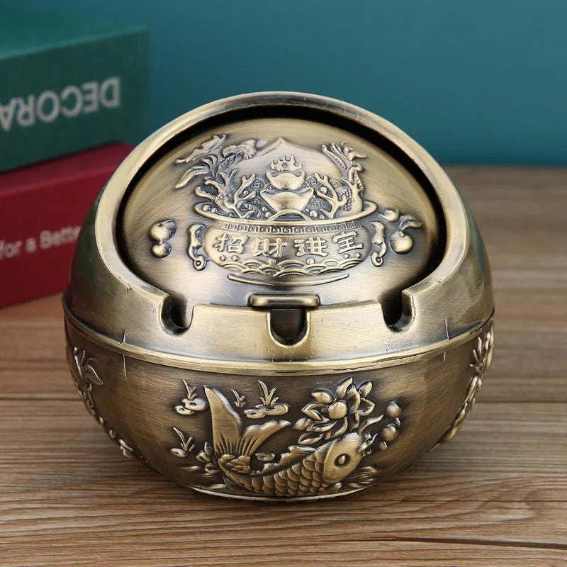 Creative alloy ashtray in bronze with smoke extinguishing slot, featuring a detailed Money Tree design.