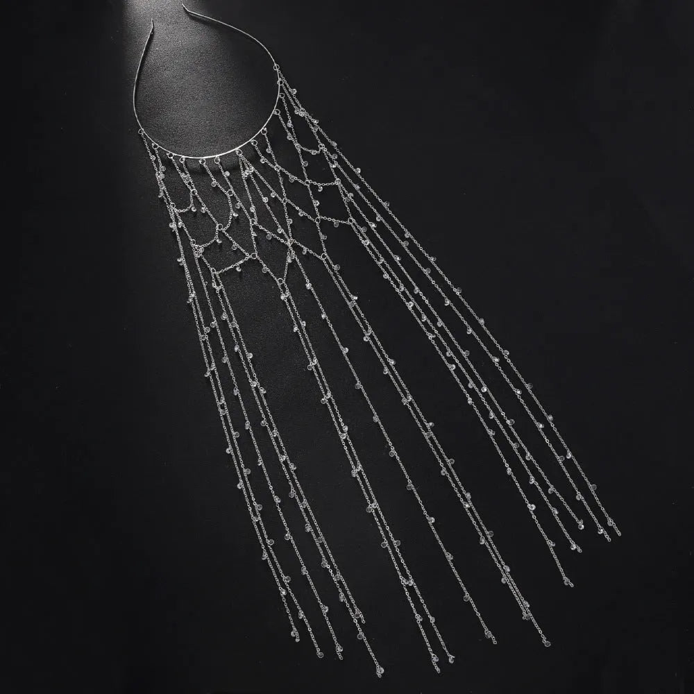 Gold or silver electroplated mesh rhinestone headband with tassel decoration