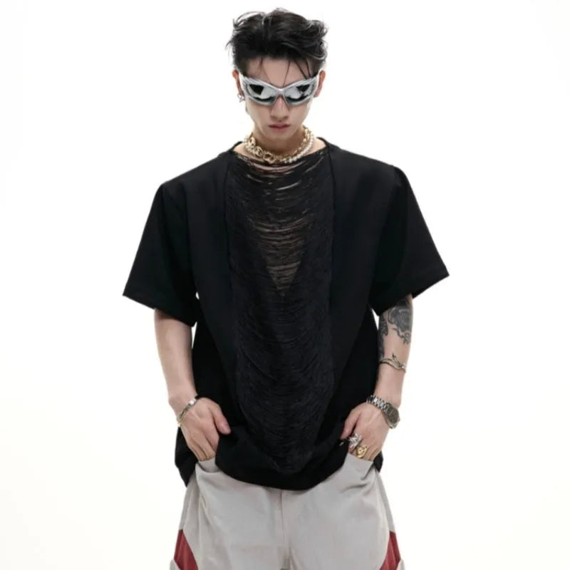 Men's black loose-fit polyester t-shirt with hollow-out V-neck collar and short sleeves