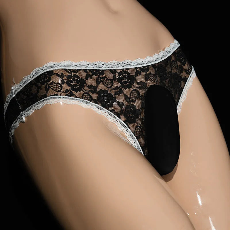 Men's lace underwear with vertical bag egg design in low-waist triangle briefs