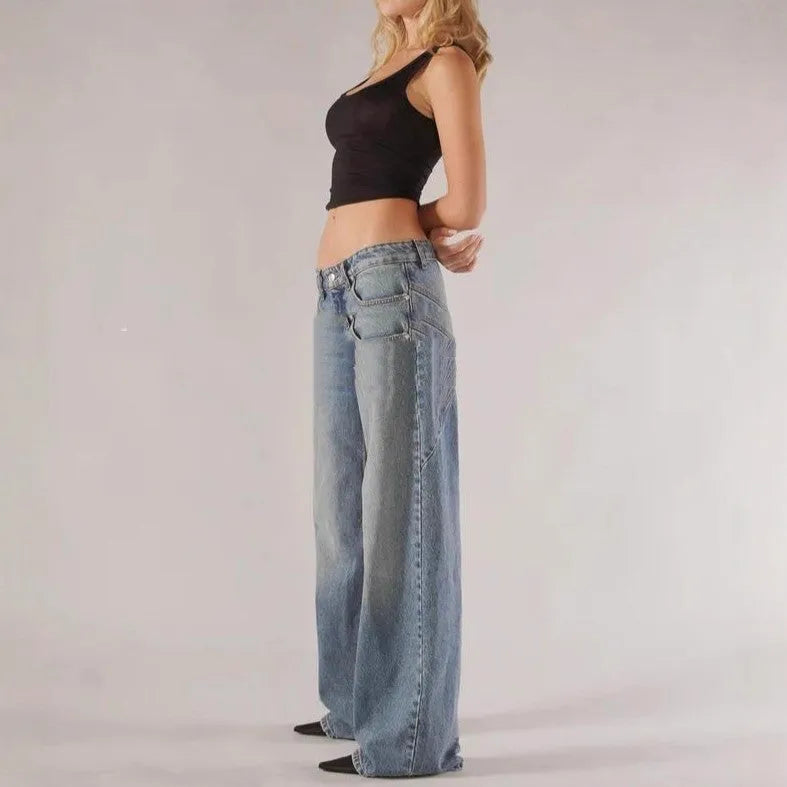 Loose straight wide leg cotton mop trousers in blue with low waist and splicing detail