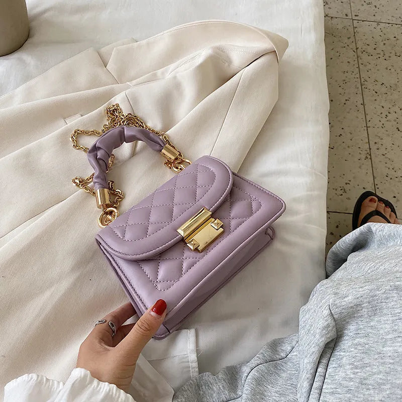 Korean style small square ladies crossbody bag in purple colour with soft PU surface