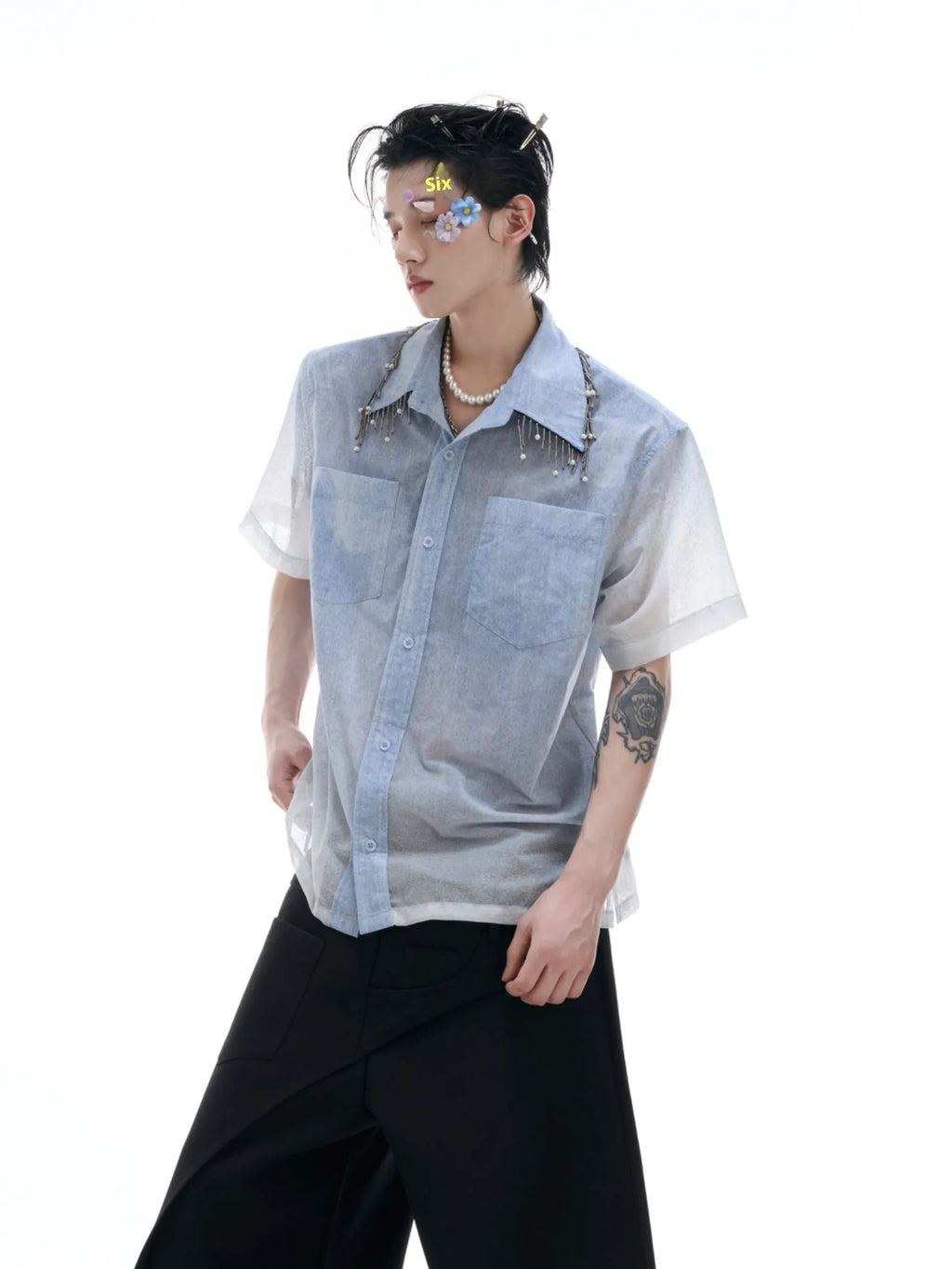 Blue and white gradient colour block men's loose fit short sleeve shirt