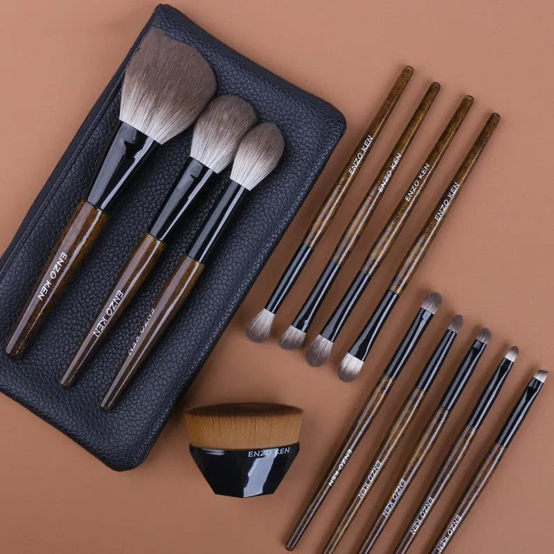 12-piece makeup brush set with wooden handles stored in black PU brush bag