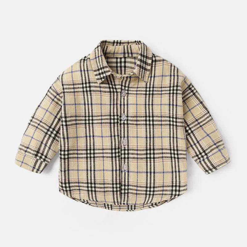 Boys' long sleeve cotton shirt with lattice pattern in khaki, light blue, pink or yellow colours