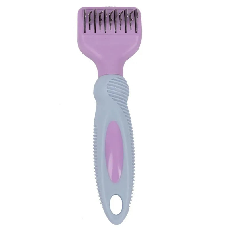 Pink stainless steel dog grooming comb with knot knife and massage pins on a white background.