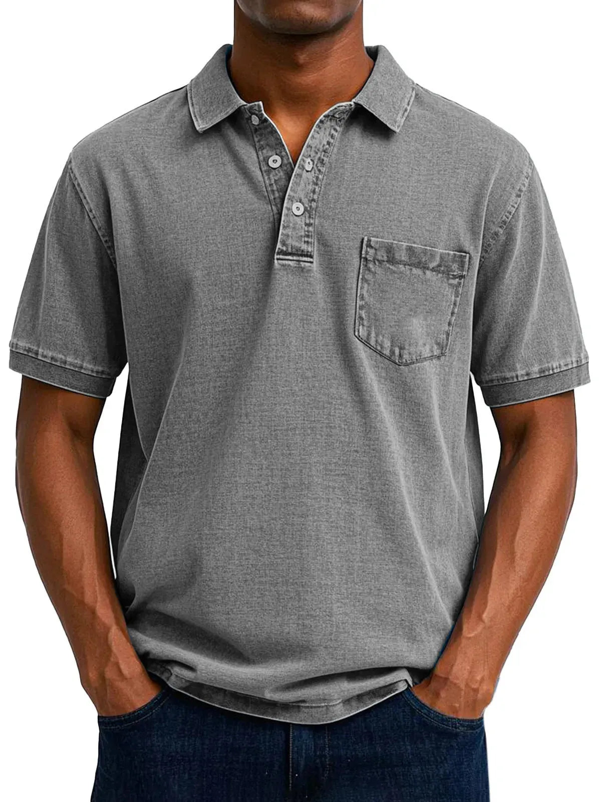 Plus size man wearing a printed short sleeve shirt in Korean style, showing slim fit.