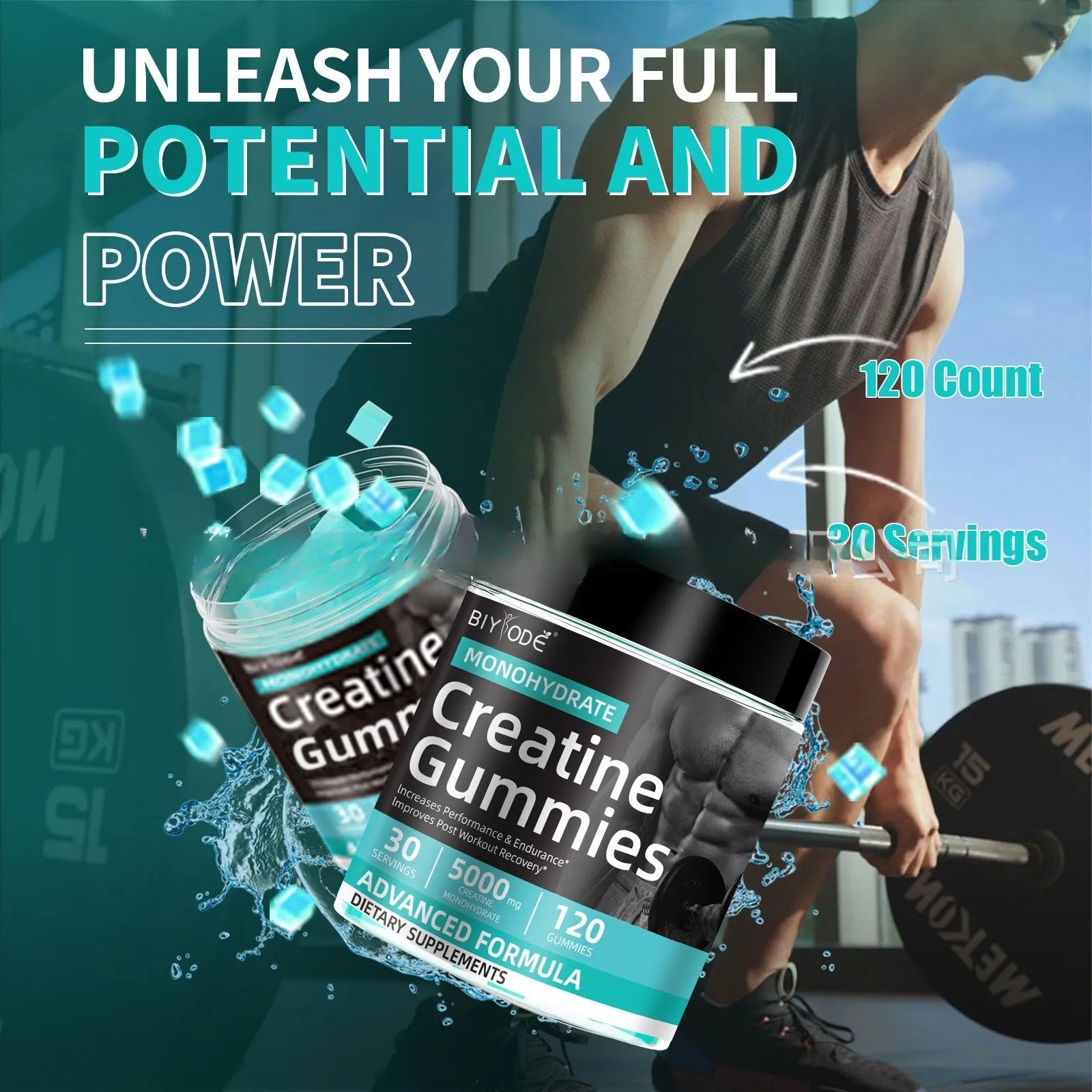 Bottle of water creatine jelly supplement with 120 tablets for sports use