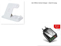 Black and white 4-in-1 wireless charging station showing phone on adjustable stand, Apple Watch, AirPods, and Apple Pencil charging simultaneously.