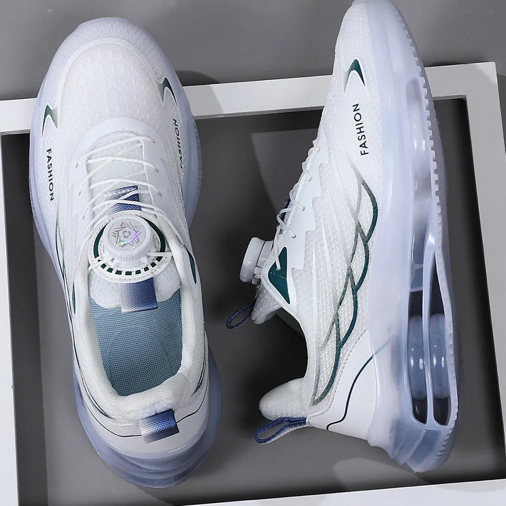 White Korean-style men's casual running shoes with mesh upper and rubber sole on size 39-45 display