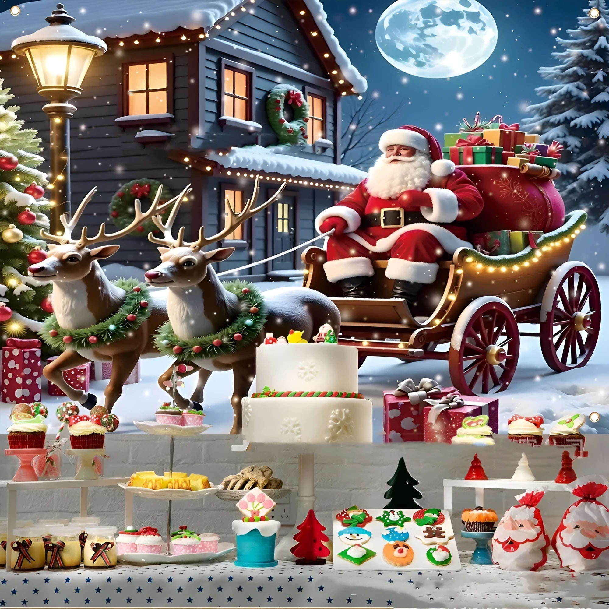 Christmas banner with Santa Claus design measuring 210cm by 150cm for holiday decorations