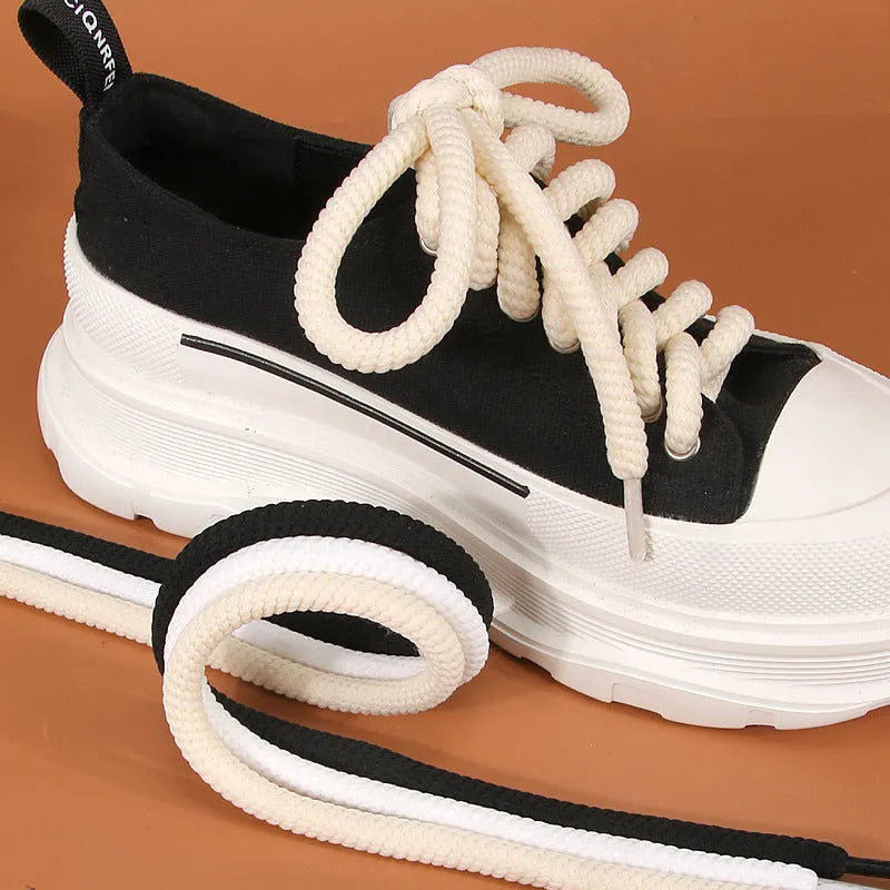 Round woven shoelaces for bread shoes in white, beige and black colours showing length options