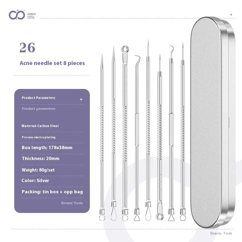 Four-piece silver metal acne needle set with fine-pointed needles and a clip for skin blemish removal.