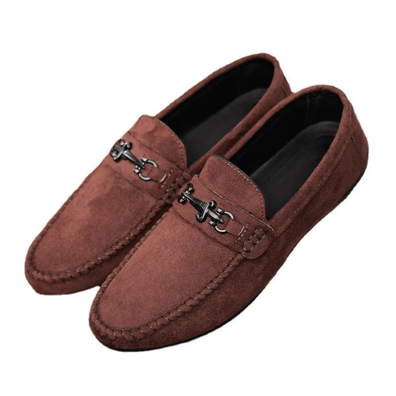Men's black waterproof PU slip-on loafers with a round toe and low stiletto heel on a rubber sole.