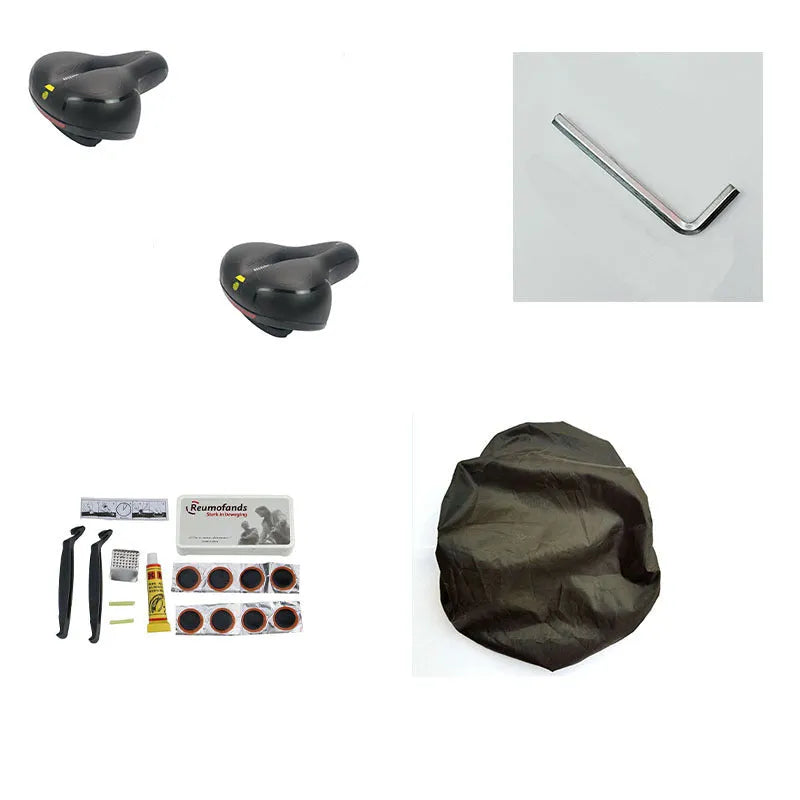 Bicycle saddle silicone gel cushion with PU leather cover, waterproof cover, wrench, and tyre repair kit.