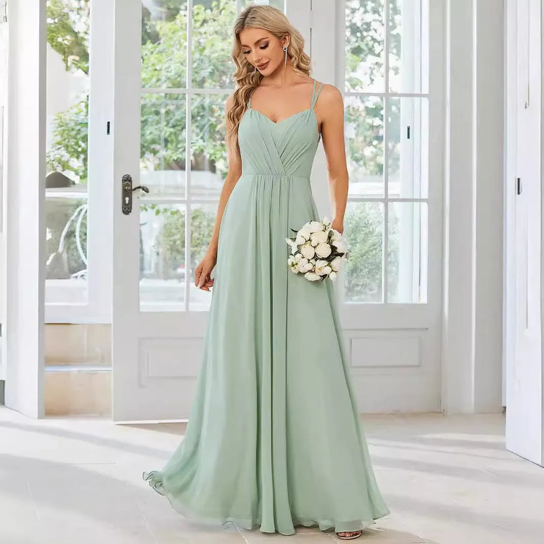 Women's long pleated A-line sleeveless dress in light green solid colour