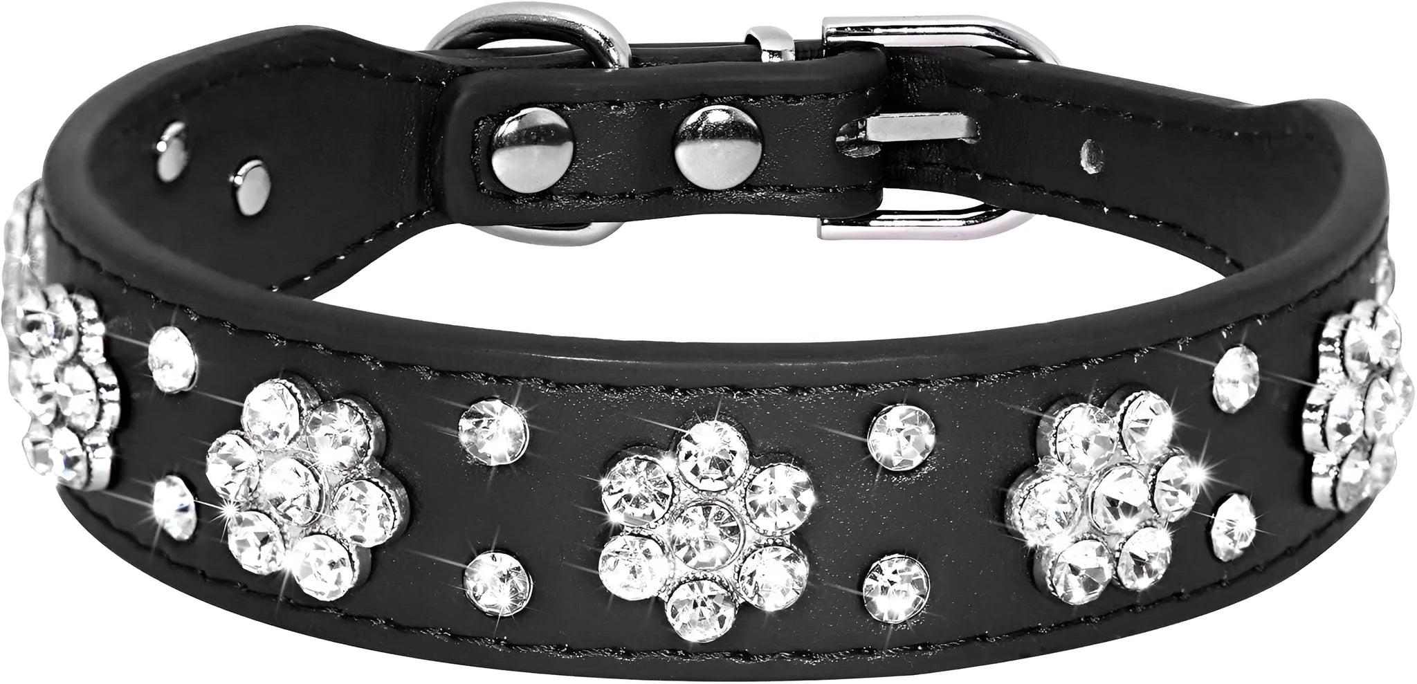 Decorative black PU leather dog collar with studded rhinestone flower pattern and silver metal D-ring.