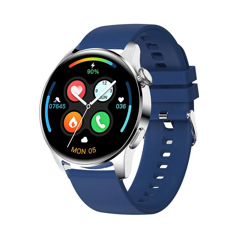 Smart watch with round colour display on a black silicone strap, showing heart rate data on screen.