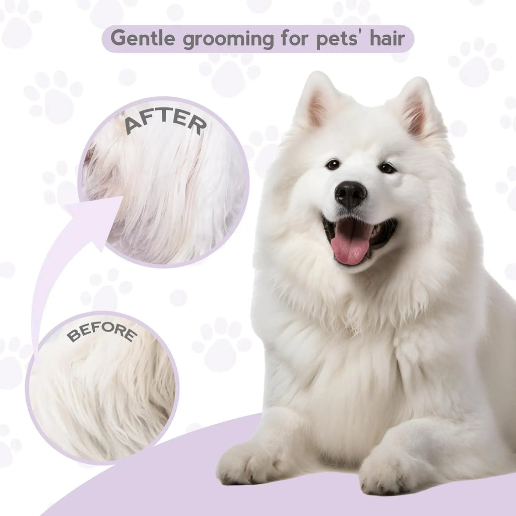 Purple handled pet comb with stainless steel teeth for detangling dog and cat fur.
