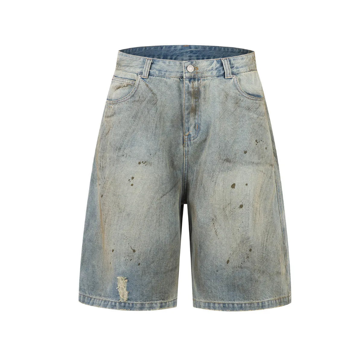 Blue washed denim cropped middle pants with straight leg and zipper fly
