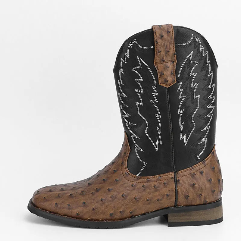 Men's black square toe motorcycle boots with embroidery details and wedge heel