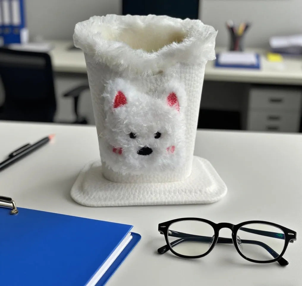 Nordic style fluffy cartoon desktop glasses storage bucket in leather with animal design, 11.6x8.1x12cm