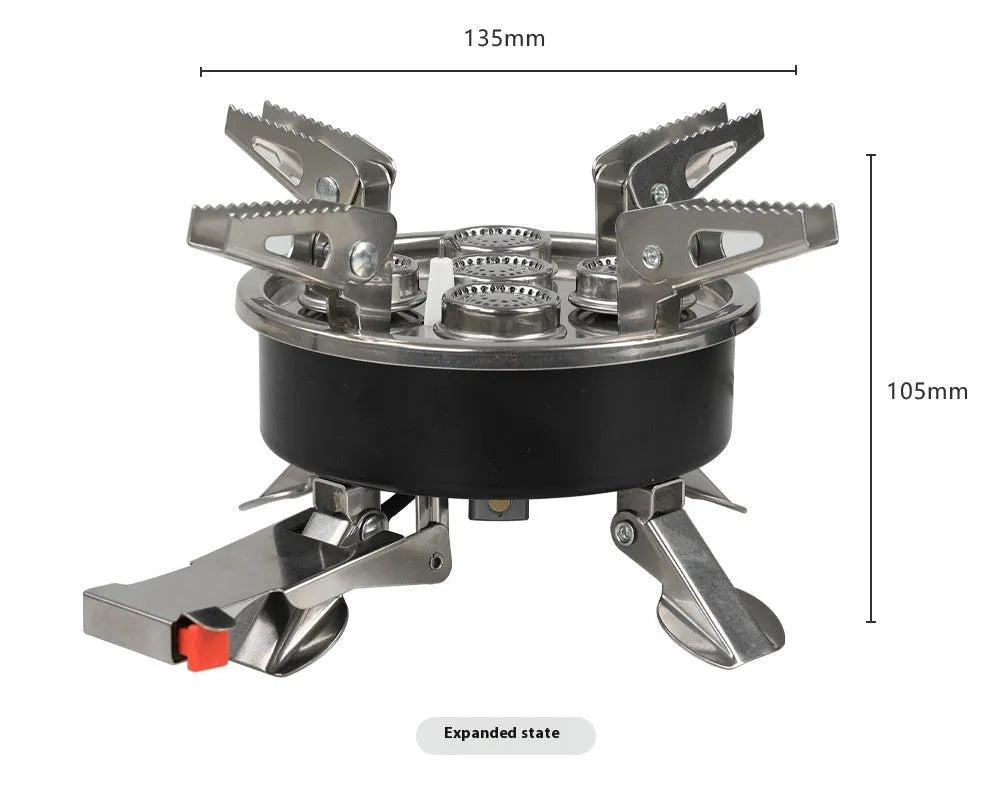 Silver portable split camping stove with stainless steel and copper construction, shown with 100cm hose.
