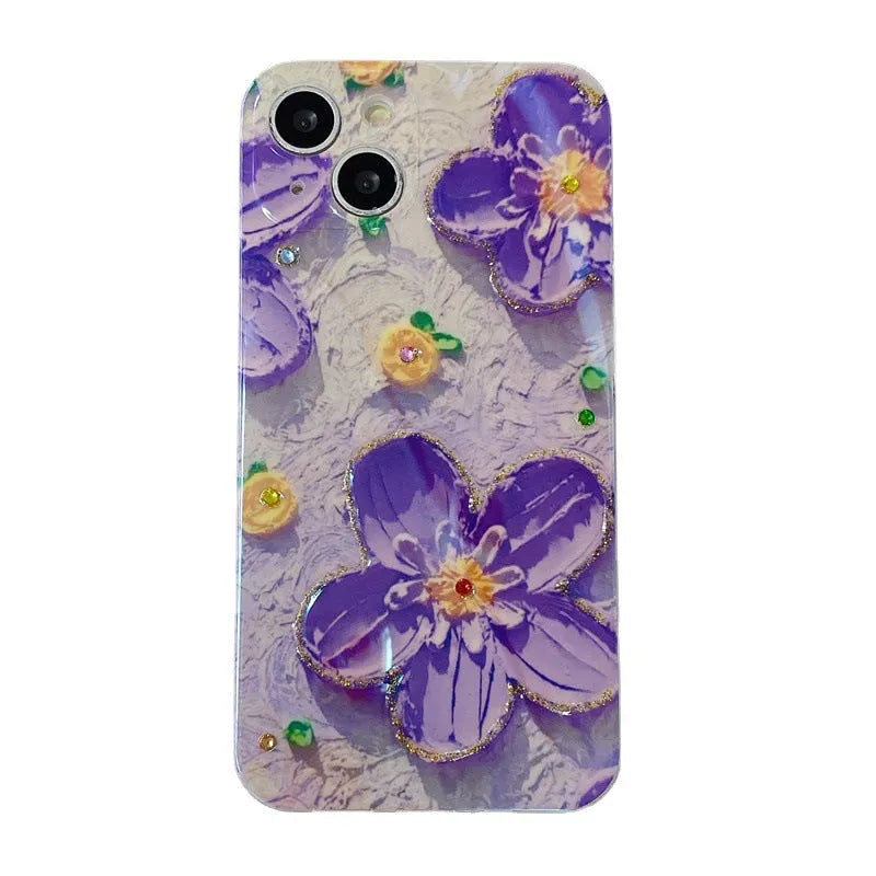 Purple soft rubber phone case with oil painting flower design and inlaid diamond detailing.