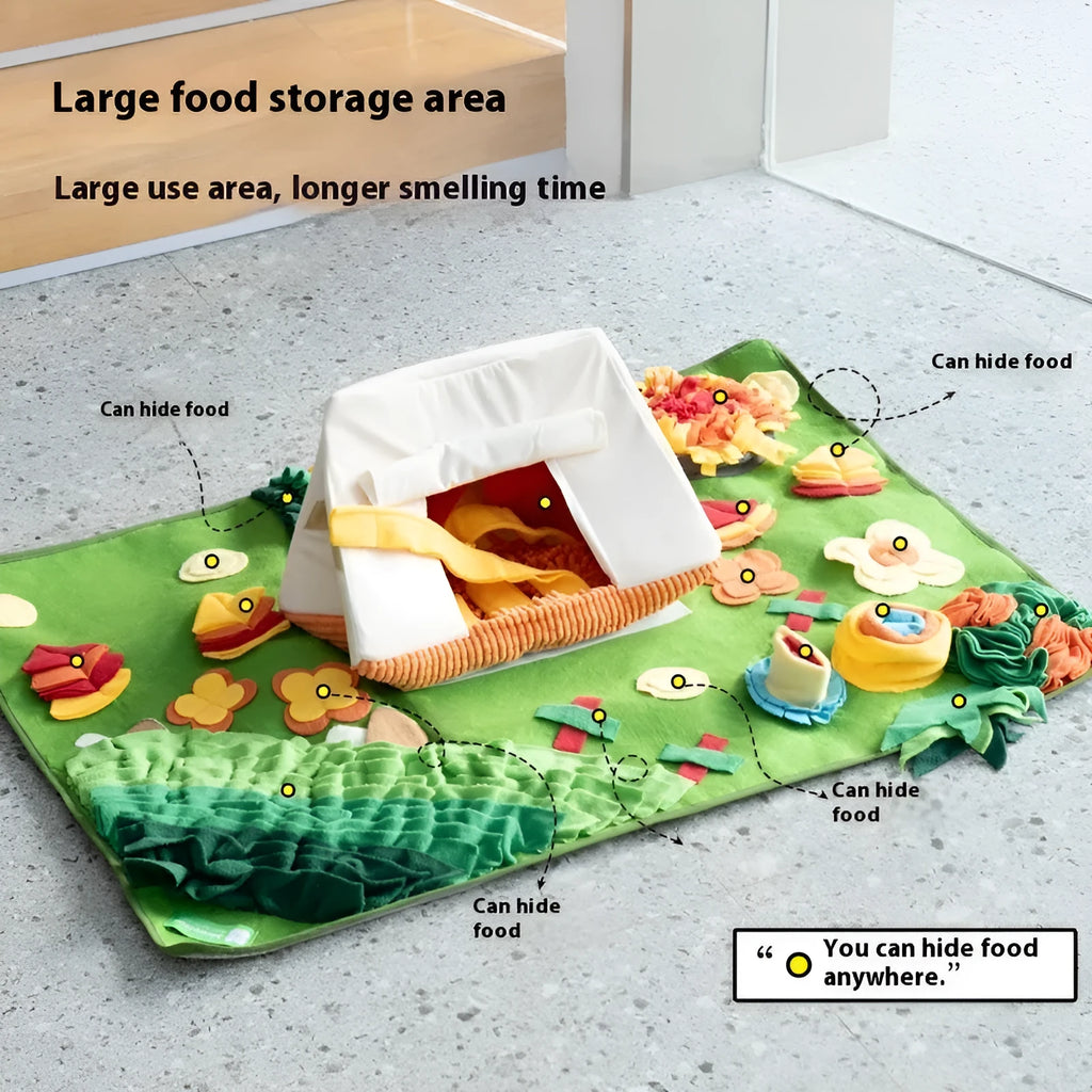 Fabric dog sniffing mat with printed garden camping theme pattern for hiding treats.