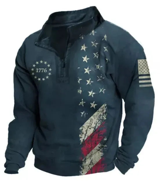 Men's loose fit long sleeve t-shirt with retro striped printing and zipper details