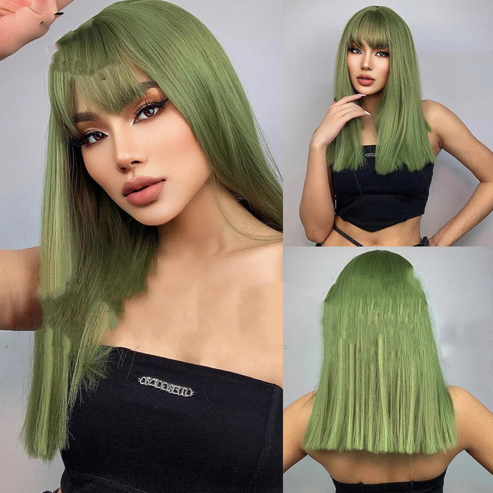 Plant green straight hair wig with bangs on a mannequin, shade LC4771, for ladies face shape modification