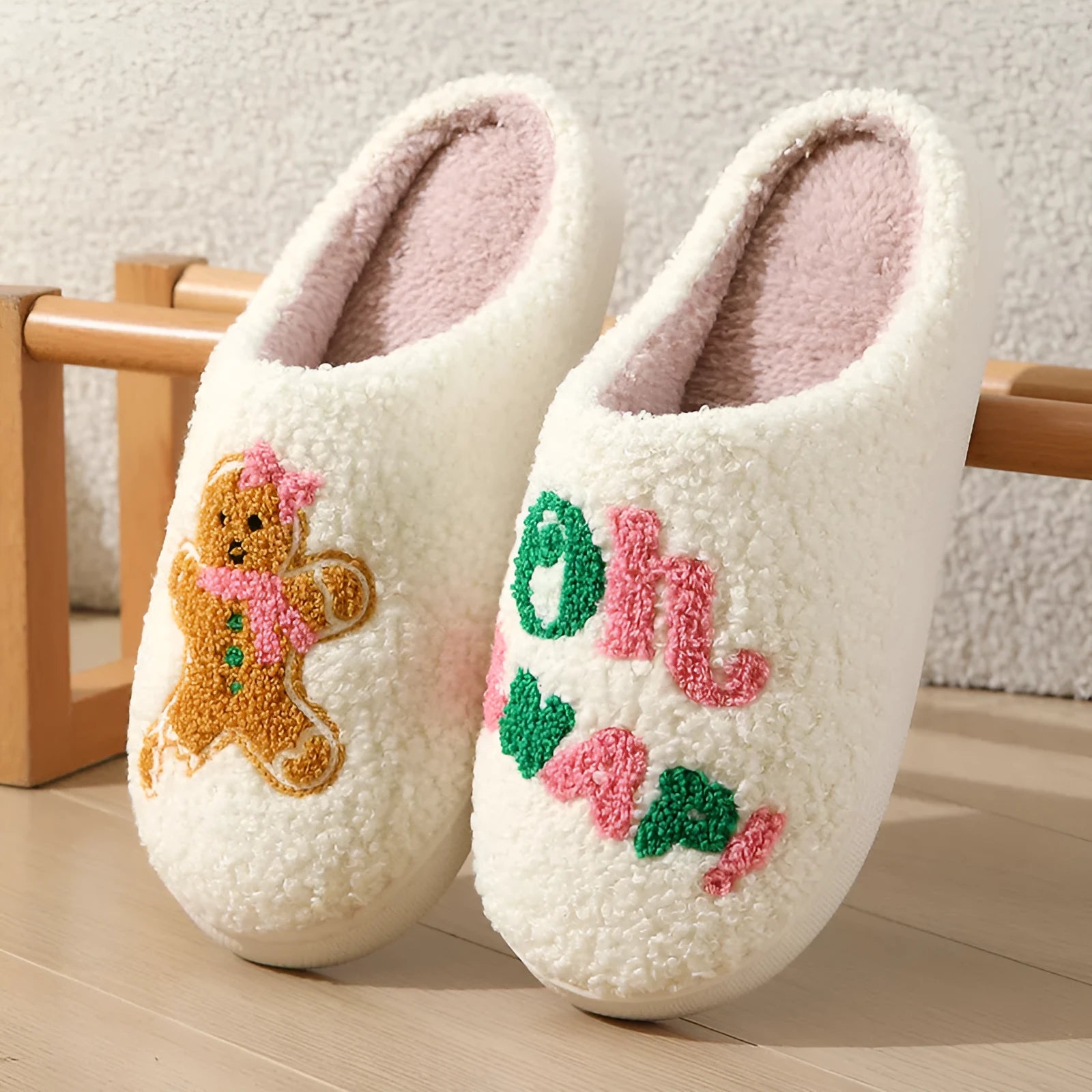 Cartoon gingerbread man winter cotton slippers in plush material with festive design, available in multiple colours and sizes