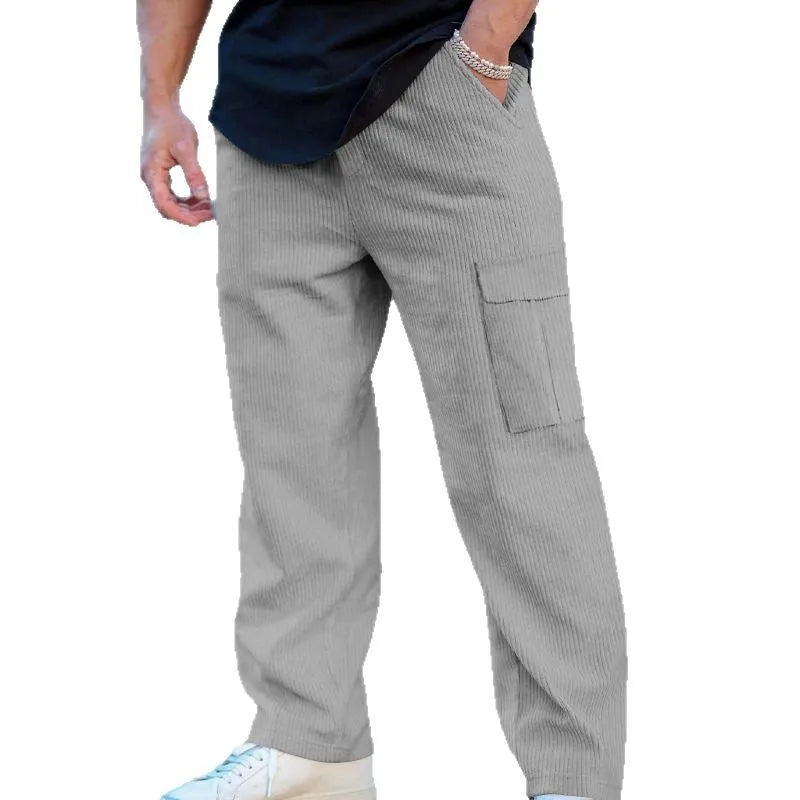 Men's corduroy cargo trousers in straight wide-leg design with drawstring waist