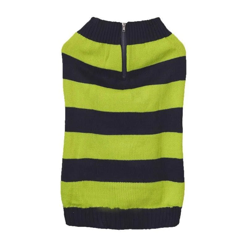 Grey dog sweater with horizontal zipper, button pocket, and contrast colour details for small to medium-sized dogs