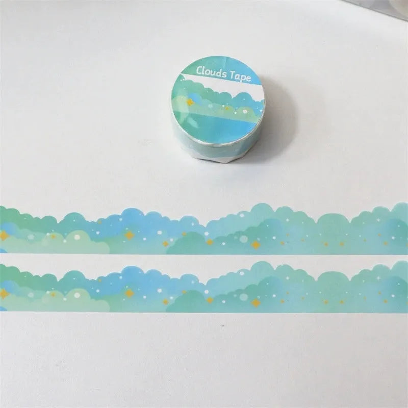 Roll of washi tape with stars and clouds border pattern, 24mm wide, in one of nine colour options