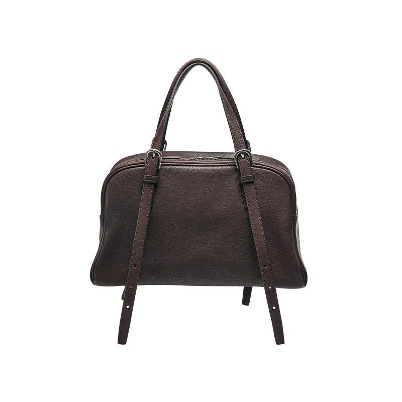 Women's genuine leather retro shoulder bag in horizontal square shape with double joint straps
