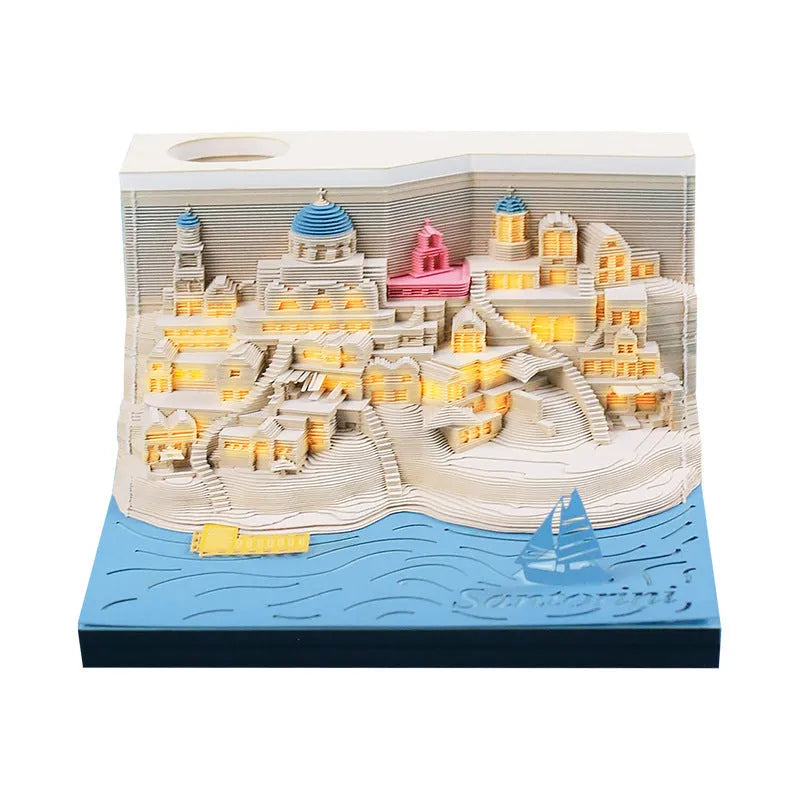Romantic Santorini 3D notepad paper carving decoration 9x9x5cm 166 pages
