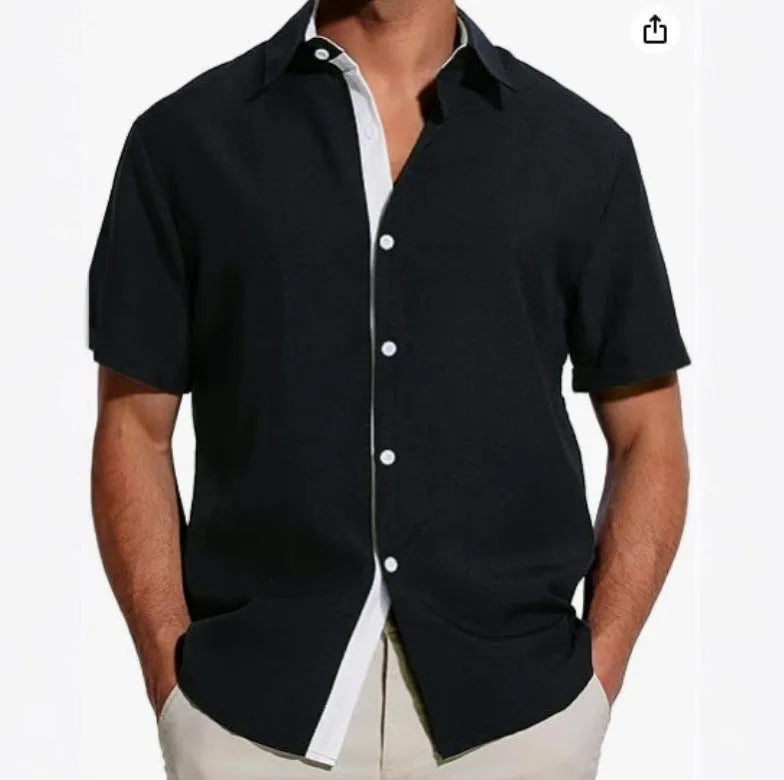 Men's short-sleeved floral shirt in polyester fabric showing regular fit and cardigan styling