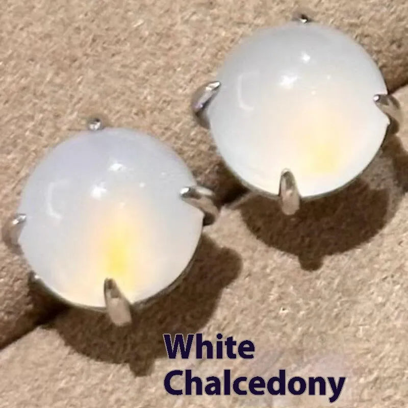 Chinese style chalcedony stud earrings with copper four-claw setting in three colour options