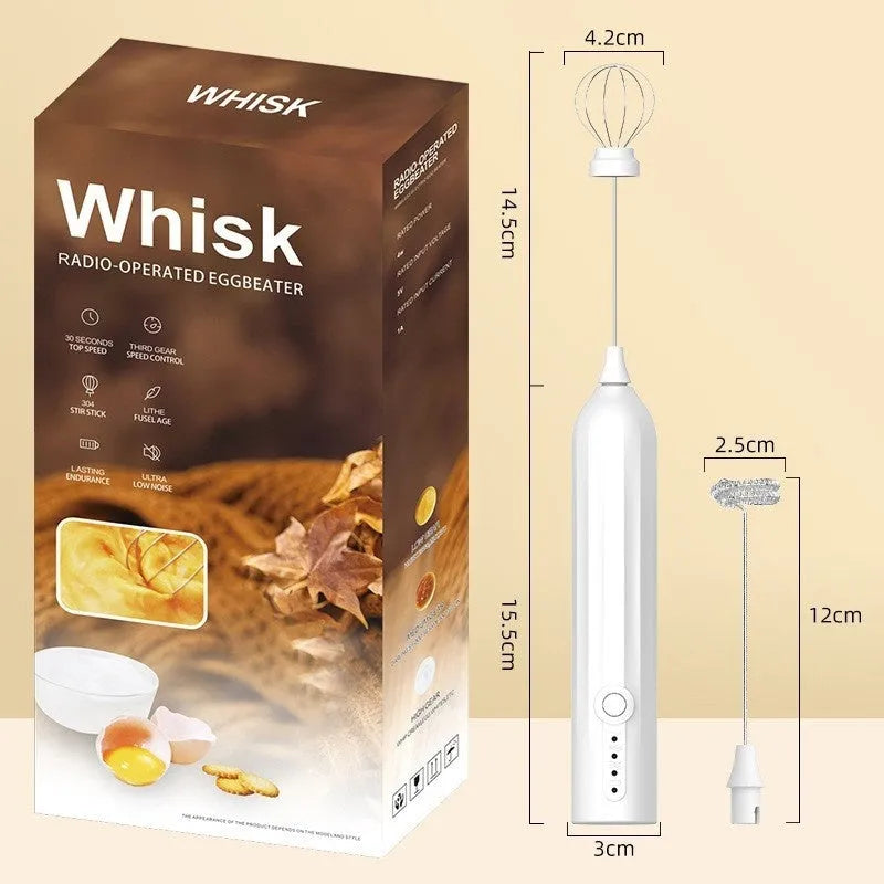 Mini handheld electric milk frother in black, white and khaki colours with USB charging