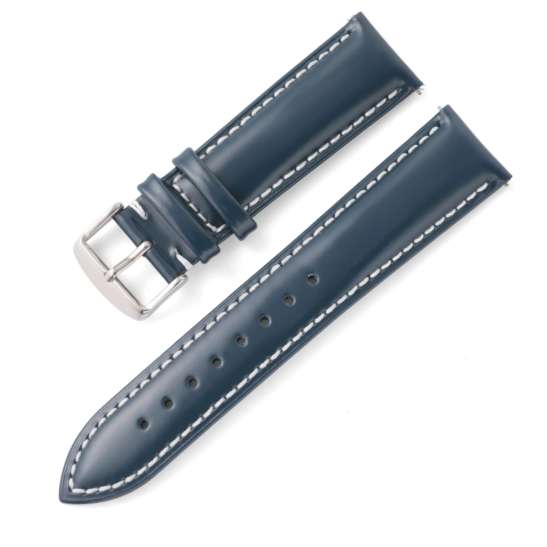 Quick release watch strap in cowhide leather showing buckle and multiple colour options including black, brown, and blue with white thread.