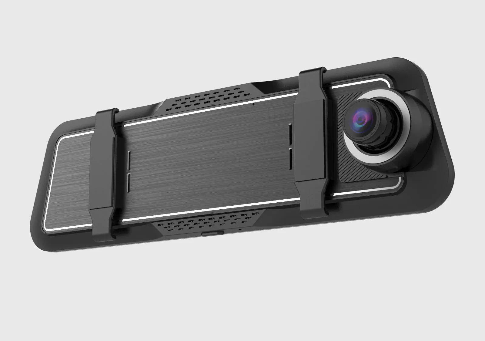 Black dual-lens driving recorder with 9.66-inch touch screen mounted on car windscreen.