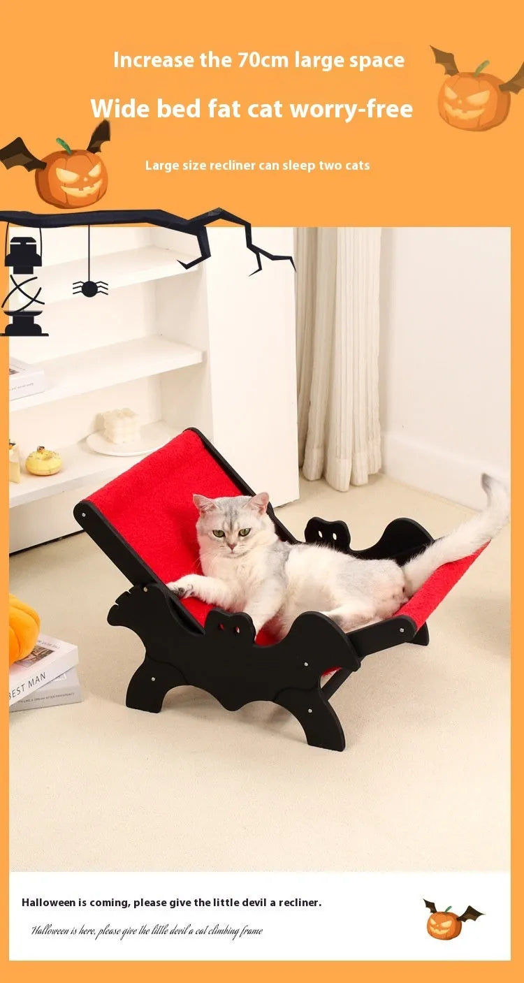 Wooden cat lounge chair with scratching posts and cage enclosure featuring a Halloween bat design in black and red.