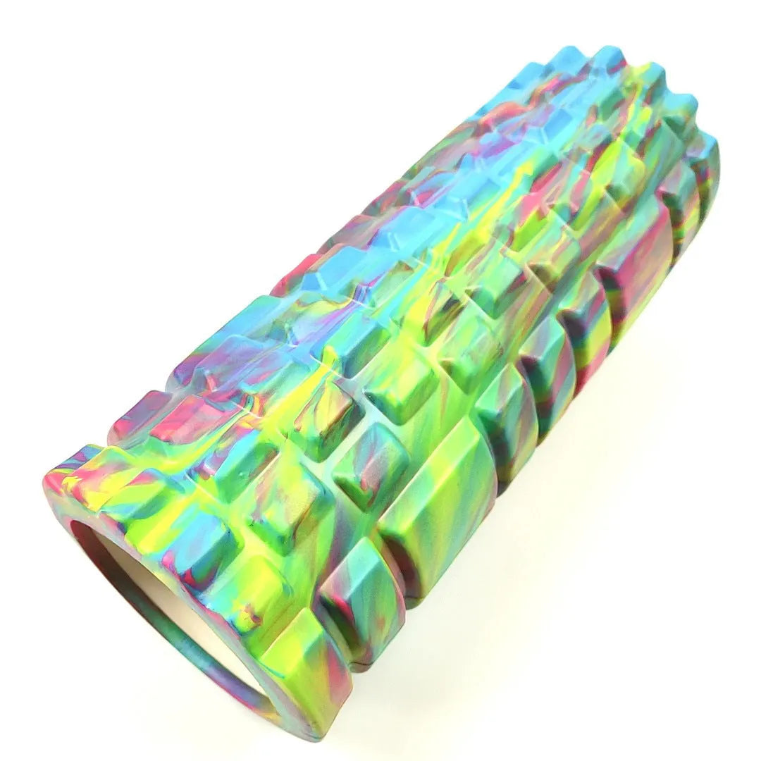 33cm camouflage pattern EVA foam roller in blue green yellow colour shown on gym floor