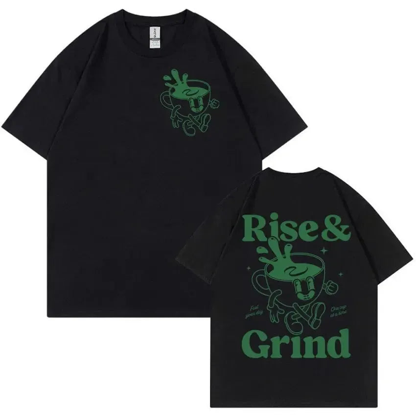 Man wearing a loose black T-shirt with a colourful Rise and Grind coffee cartoon and expression bag graphic.